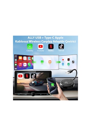 Usb+type-c Kablosuz Wireless Carplay Adaptör Çevirici -youtube Netflix Tiktok Vide - Karbul5423-7 Siyah