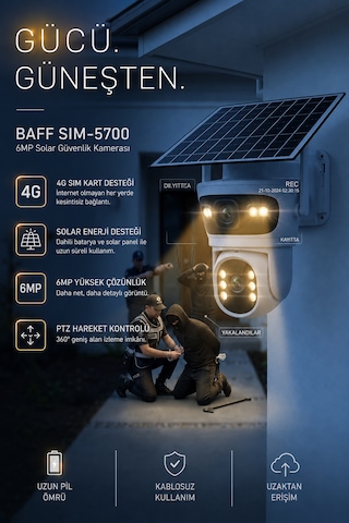 Baff 6mp 4g Sım Kartlı Solar Güvenlik Kamerası Çift Lens Ptz Renkli Gece Görüşlü + 96gb Sım Kart Ve 64gb Hafıza Kartı Dahil
