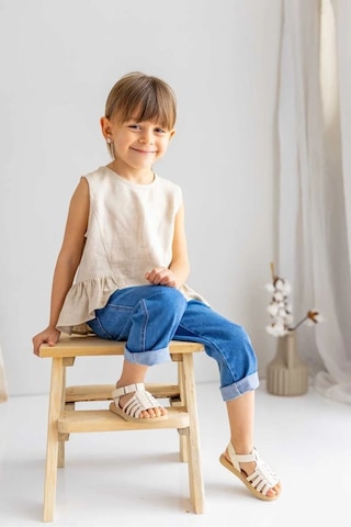 Oliventhekid Bej Naturel Keten Kolsuz Uçları Fırfırlı Kız Çocuk Bluz Bej Bej