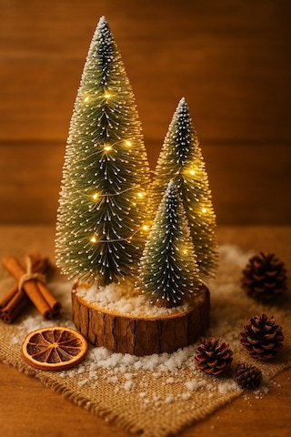 Ahşap Kütük Üzerinde 4 Lü Led Işıklı Noel Kar Efektli Çam Ağaçları Seti 23 Cm - 18 Cm - 12 Cm -13 Cm Çok Renkli