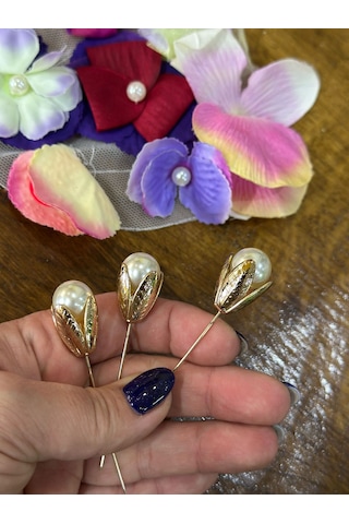 3 Adet İncili Çiçek İğne Broş Yaka İğnesi 10 x 1 CM Renkli