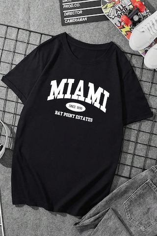 Pamuklu Miami Baskılı Oversize T-shirt Siyah