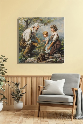Dekoratif Kare Kanvas Tablo Tekli Ev Kafe Ofis Kırsal Aile Dede Ve Torunlar 2005