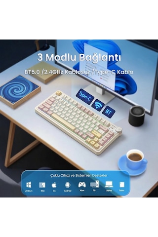 Aula Au75 3 Modlu Rgb Hot Swap Mekanik Tkl Bloomfield Switch Kablosuz Makrolu Klavye Krem