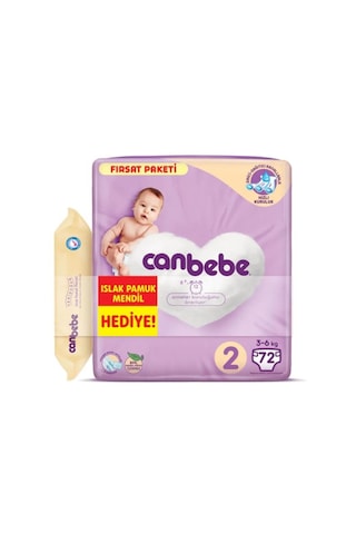 Canbebe Bebek Bezi 2 Numara Mini Fırsat Paketi 72 Adet + Yenidoğan Islak Pamuk Mendil 50'li