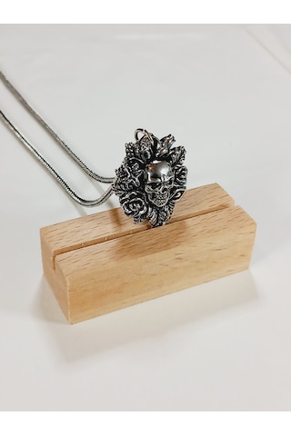 Gümüş Kuru Kafa Punk Kafatası Skull Erkek Tilki Kuyruğu Kolye