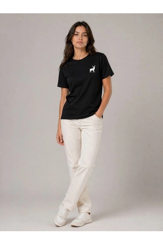 Wear Vexel Kadın Minimal Geyik Logolu Tişört Bisiklet Yaka Kısa Kol Yazlık T-shirt - Siyah Siyah