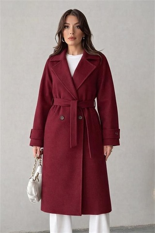 Neşeli Butik Kadın Kuşak Detaylı Astarlı Kaşe Kaban Nbg120 Bordo