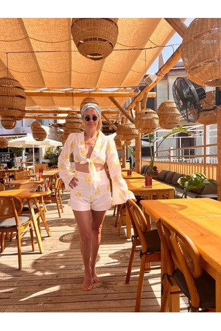 Kadın Çiçek Desenli Keten Şort-bluz Takım - Özel Tasarım Beyaz