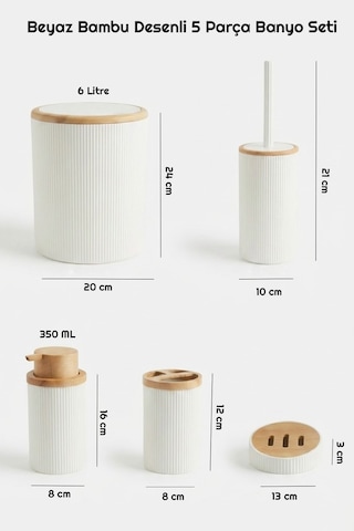 Makri Home Beyaz Bambu Desenli 5 Parça Banyo Seti, Şık Tasarımlı, Hacim: 6 Litre Ahşap - Beyaz