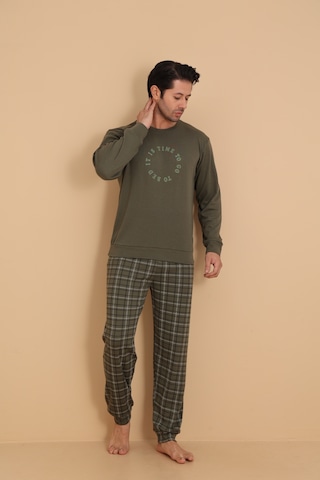 Falkom 7003 İnterlok Kışlık Ekose Pijamalı Erkek Pijama Takımı Haki