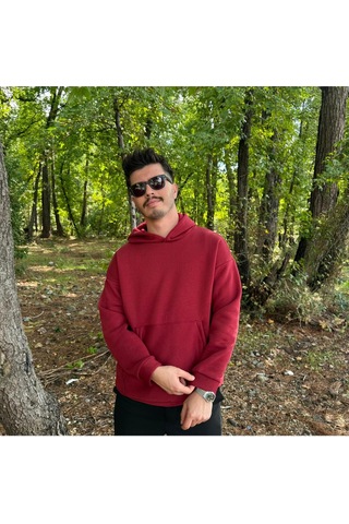 Erkek 3 İplik Basic Oversize Kanguru Cepli Kapüşonlu Sweatshirt Bordo
