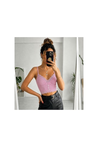 Panivue Kaşkorse Dantel Detaylı Dolgulu Pedli Crop Büstiyer Pudra Pembe