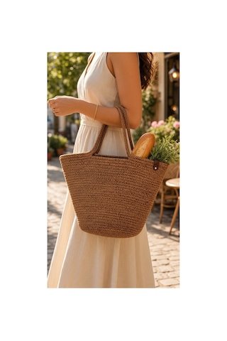 Nakkaş Home Collection Jüt Kadın Çanta Hasır Görünümlü Omuz Çantası, Plaj Ve Günlük Kullanım-kahverengi-40x27 Cm