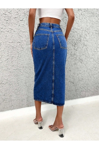 Kadın Denim Esnek Kumaş Yırtmaçlı Uzun Etek Koyu Mavi
