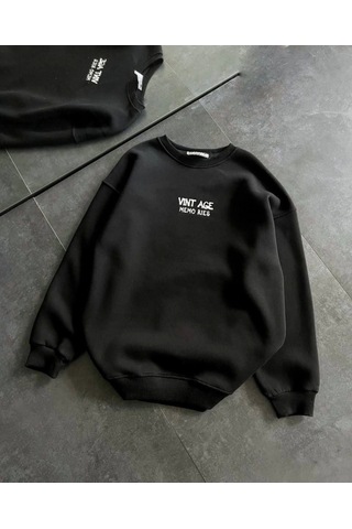 Etiler Collection Bisiklet Yaka Üç İplik Baskılı Oversize Sweatshirt - Siyah