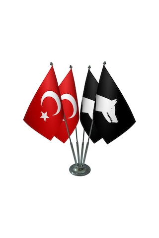 Masa Üstü Siyah Göktürk Bayrağı Türk Bayrağı Dörtlü Krom Direk Ma