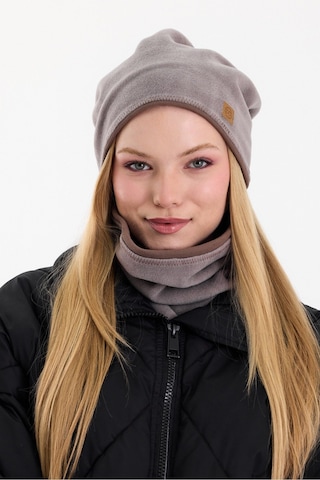 Butikgiz Kadın Dış Kısım Polar, İç Kısım Kaşkorse Pamuklu, Çift Renk, Çift Kat, Katlanabilir Bere Boyunluk Set Gri-kahverengi