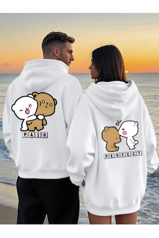 Nevermind Sevgili Kombin Hoodie Çift Sweatshirt Çiftlere Özel Ayıcık Bask Beyaz