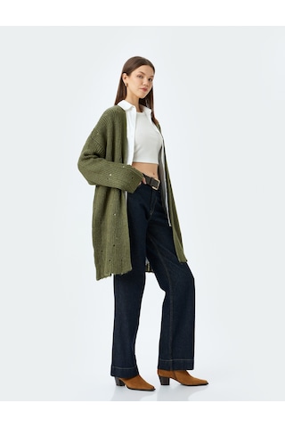 Koton Oversize V Yaka Dökümlü Uzun Triko Hırka Haki 5wal90104ht Haki