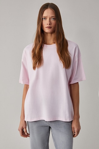 Grimelange LAGERTHA  Kadın %100 organik Pamuklu Kalın Dokulu Oversize Fit Yuvarlak Yakalı Açık Pembe T-Shirt