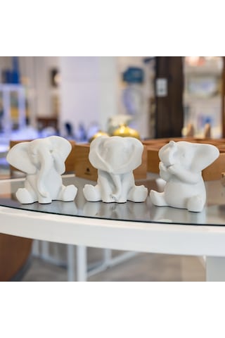 3 Lü Görmedim-duymadım-bilmiyorum Mermerit Fil Biblo - Beyaz-11958