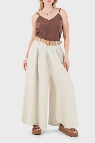 Via Dante Relaxed Fit Yüksek Bel Bol Paça Keten Pantolon Bayan Pantolon 7544 Bej
