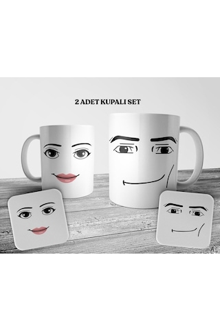 Roblox Man & Woman Face 2 Adet Kupa Bardak Ve Bardak Altlığı Seti Beyaz