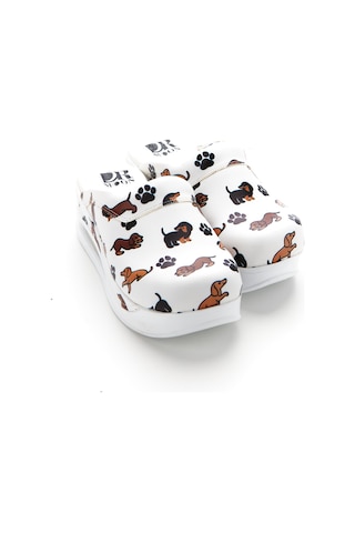 Drmoon Köpek Desenli Airmax Taban Hakiki Deri Sabo Kadın Terlik Beyaz