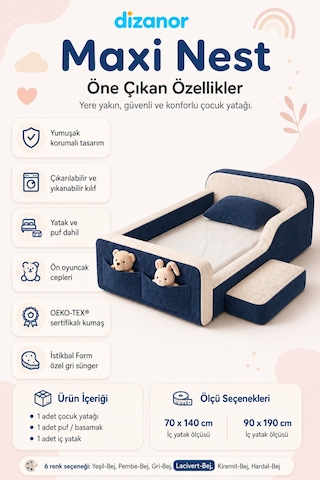Dizanor Maxi Nest Montessori Çocuk Karyola Yatak Seti Lacivert Fitilli 90 X 190