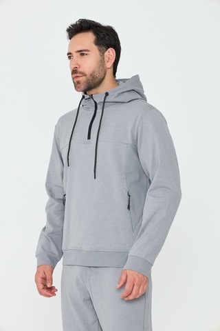 White Stone Gri Kapüşonlu Yarım Fermuarlı Yandan Cepli Erkek Sweatshirt Grey