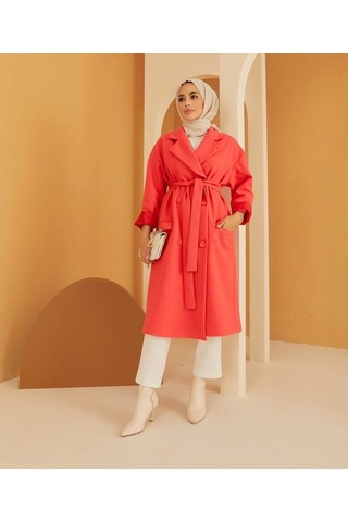 TrendMarfa Önü Düğmeli Kuşaklı Tesettür Kaşe Kaban Narçiçeği