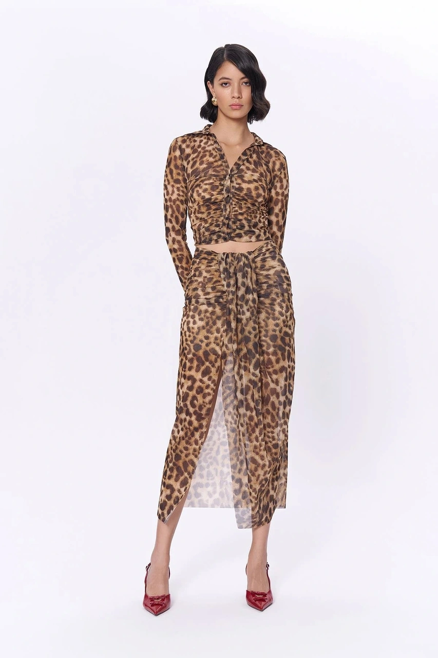 Olla Collection Leopar Desenli Midi Etek Kahve Kahverengi