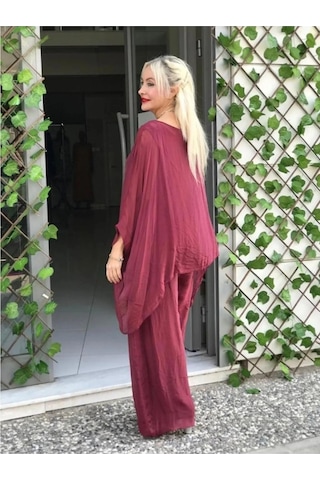 Bohem Stil İtalyan Yarasa Kol İpek Bluz & Pantolon Takım-8767 Bordo