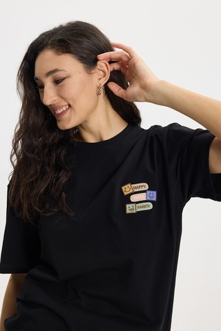 Tudors Kadın Oversize Geniş Kesim Pamuk Bisiklet Yaka Baskılı Siyah Tişört -50388 L