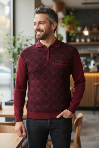 Kamalı Erkek Bordo Tüylenme Yapmayan Anti Pilling Özellikli Standart Fit Polo Yaka Cepli Triko Kazak