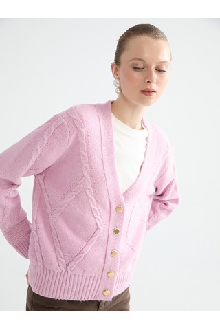 Lcw Comfort Pembe V Yaka Kendinden Desenli Kadın Triko Hırka