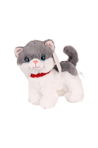 Sesli Miyavlayan Peluş Kedi 20 Cm Yumuşak Sevimli Ayakta İnteraktif Oyuncak Gri