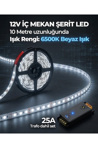 10 Metre 12v 6500k Beyaz Işık Şerit Led + 12v 25a Slim Led Trafosu Hazır Set 10 Metre Gün Işığı