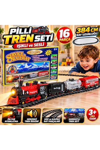 Pilli Tren Seti 16 Parça 384 Cm Raylı Işıklı Ve Sesli Oyuncak Tren Seti