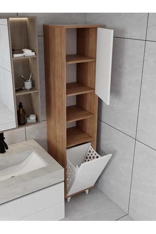 Riva Çamaşır Sepetli Banyo Dolabı Marbellakiraz Renk Meşe - Beyaz