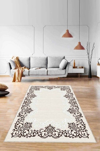 Kahverengi Çerçeveli Kaymaz Tabanlı Dekoratif Halı Mk62n11