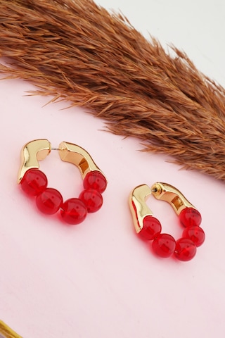 Kadın Kararmaz Altın Kaplama Boncuk Detaylı Çift Küpe M-Kırmızı Altın