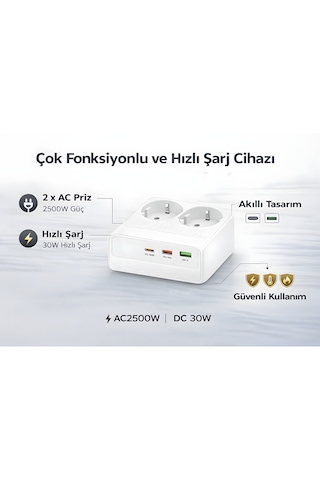 2500w 2 Li Akım Korumalı Priz + 30w Pd Type-c Hızlı Şarj 2 Ac + 3 Usb Çoklu Masaüstü Şarj İstasyonu 2