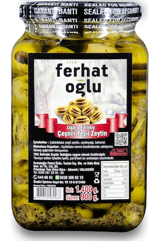 Ferhatoğlu Izgara Edilmiş Çeşnili Yeşil Zeytin 900 G Ferhatoğlu Izgara Edilmiş Çeşnili Yeşil Zeytin 900 G