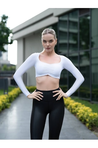Lismina Önü Büzgülü Uzun Kollu Spor Büstiyer Beyaz