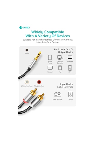 3.5mm To 2 Rca Ses Kablosu Jack Aux Lale Jak Tos Fiş Amfi Hoparlör Dönüştürücü Altın Kaplama 3 Metre