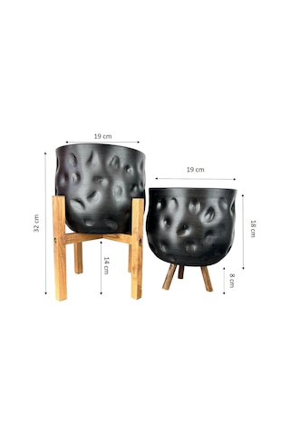 Bitki Tasarımı Ev Dekorasyon Aksesuar Siyah Desenli Toprak Saksı Saksılık Salon Çiçeklik İkili Set 4 Ayak -3 Ayaklı 19 Cm
