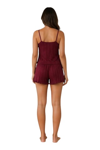 Kadın Likralı İp Askılı Nefes Alan Kumaş Pijama Takımı Bordo