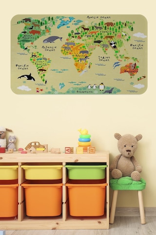 Eğitici Dünya Haritası Dünya Atlası Çocuk Ve Bebek Odası Duvar Sticker-60x105-3772 - Renkli Çok Renkli